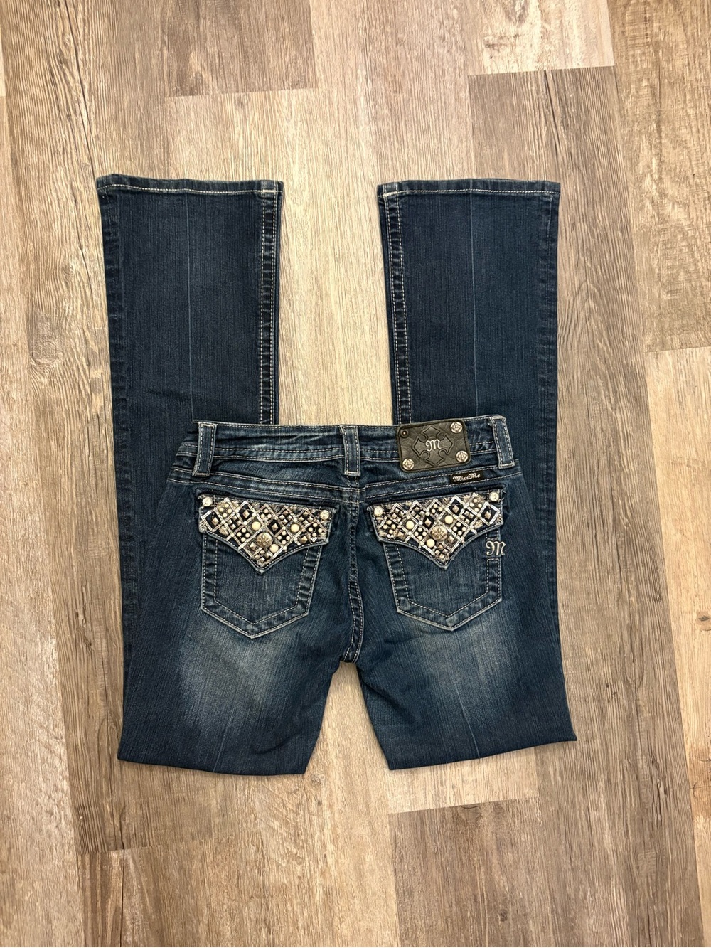 Miss Me Dark Blue Bootcut Jeans with Embellished Back Pockets